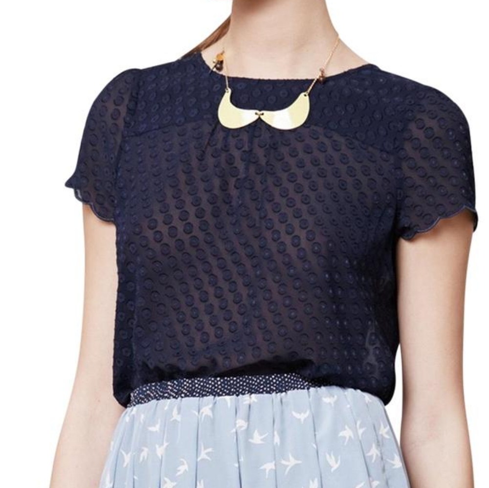 Maeve | Sheer Polka Dot Scallop Blouse in Navy
